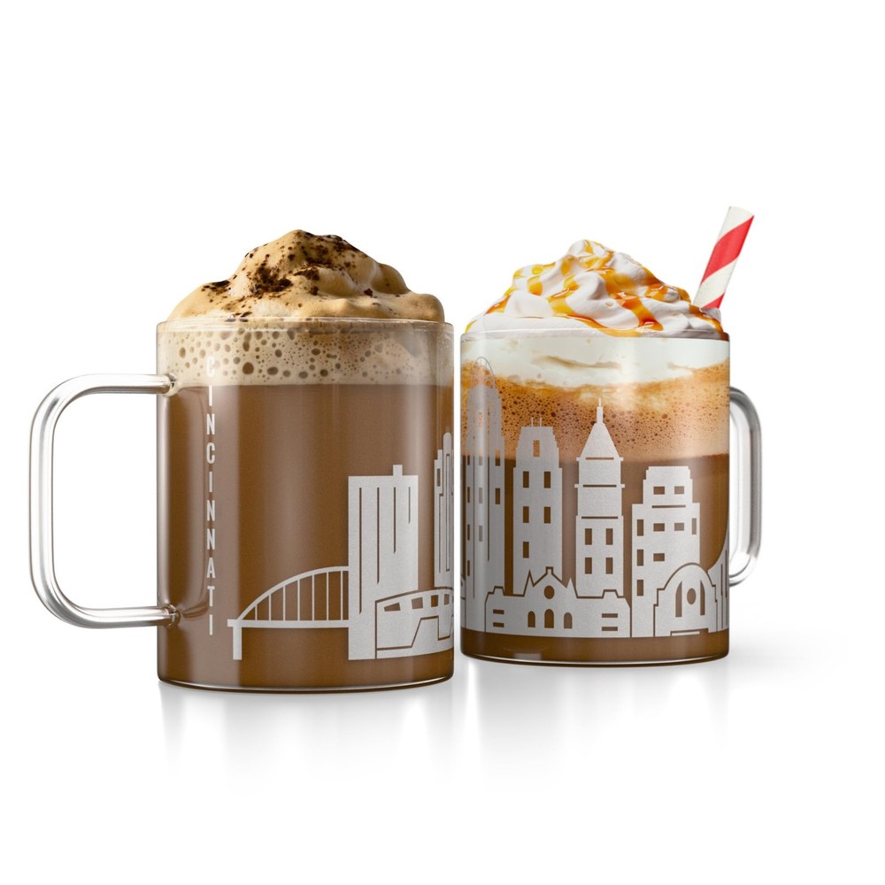 Greenline Goods - Cincinnati, OH Skyline Glass Coffee Mugs (Set of 2), 15 oz - E