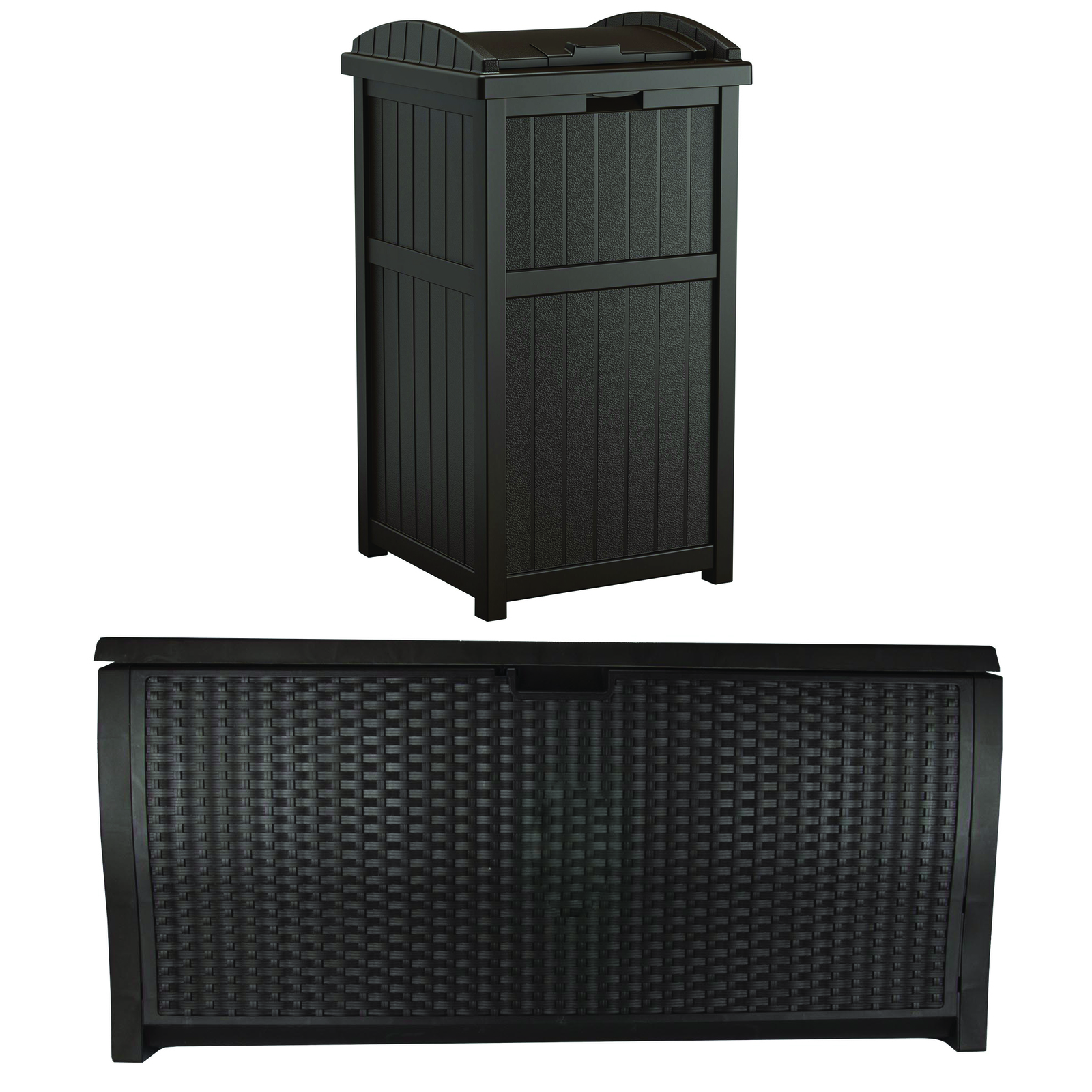 Suncast Trash Hideaway Outdoor Garbage Bin & 99 Gallon Deck Box w/ Seat, Java gallery
