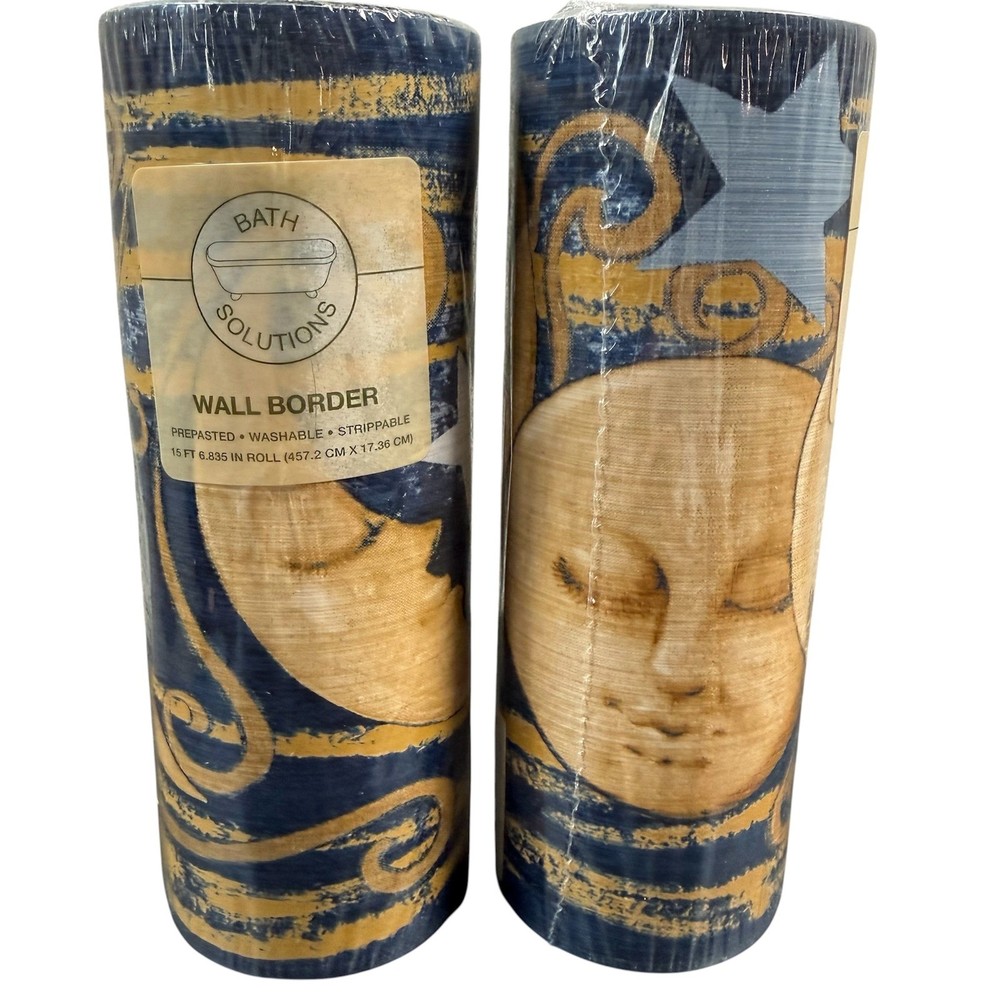 Bath Solutions Moon Glow Wall Border Blue Celestial Sun Moon Stars 2 Rolls NEW