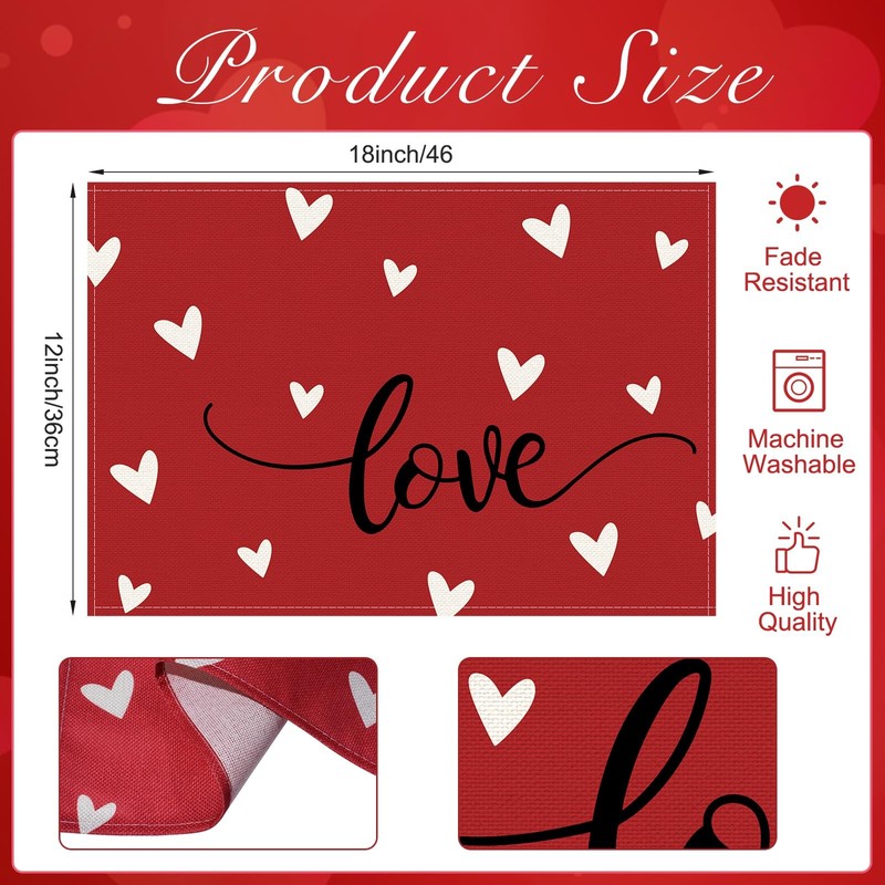 Valentine’s Day Table Placemats Decorations,12 x 18 Inch Red 18"L x 12"W, gallery
