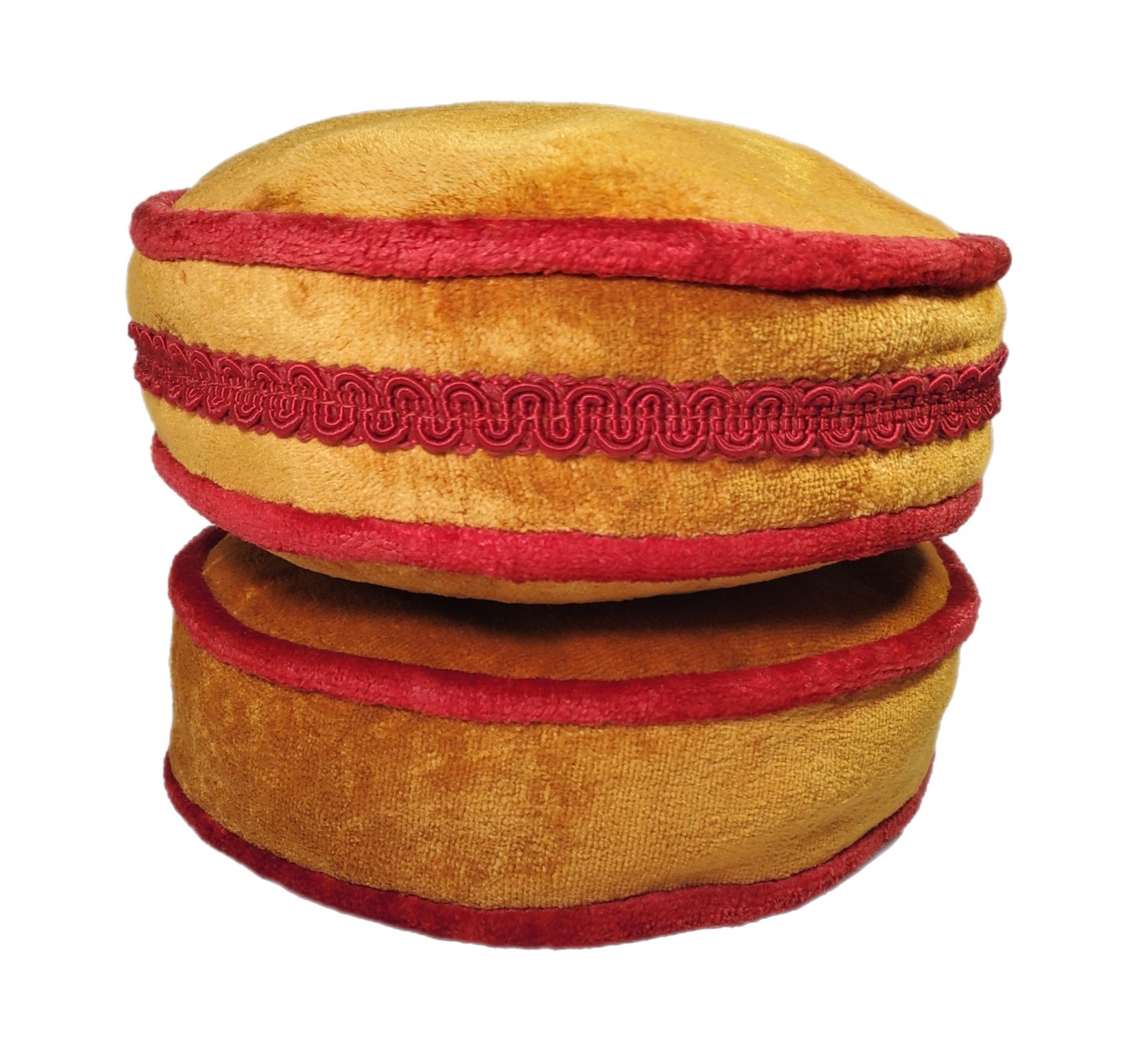 (2) Vtg Crushed Velvet Round Throw Pillows Gold w/ Red Trim 8x8 Handmade MCM gallery