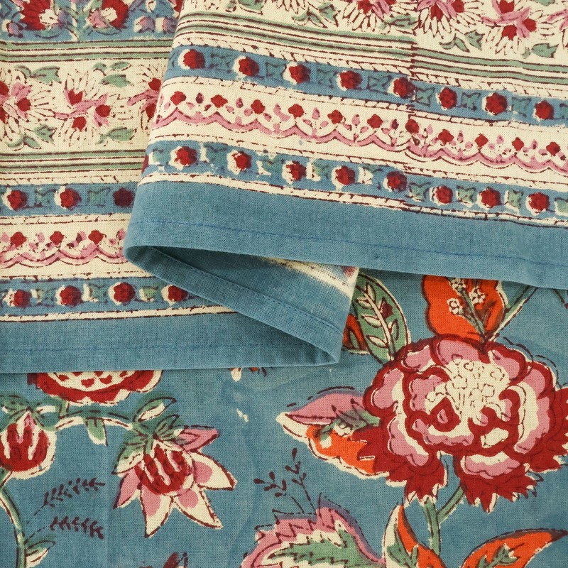 Blue & Green, Floral Block Printed Table Cover, Rectangular Christmas Tablecloth gallery