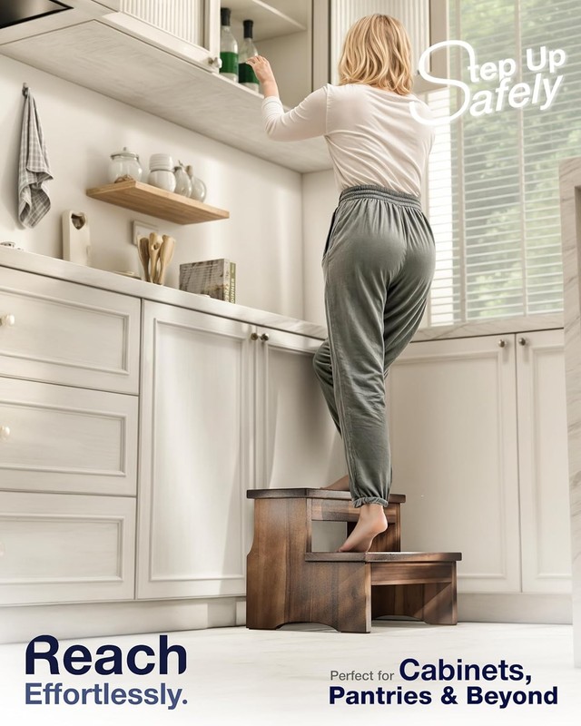 Wooden double-tiered step stool,supporting up to 450 pounds walnut veneer finish gallery