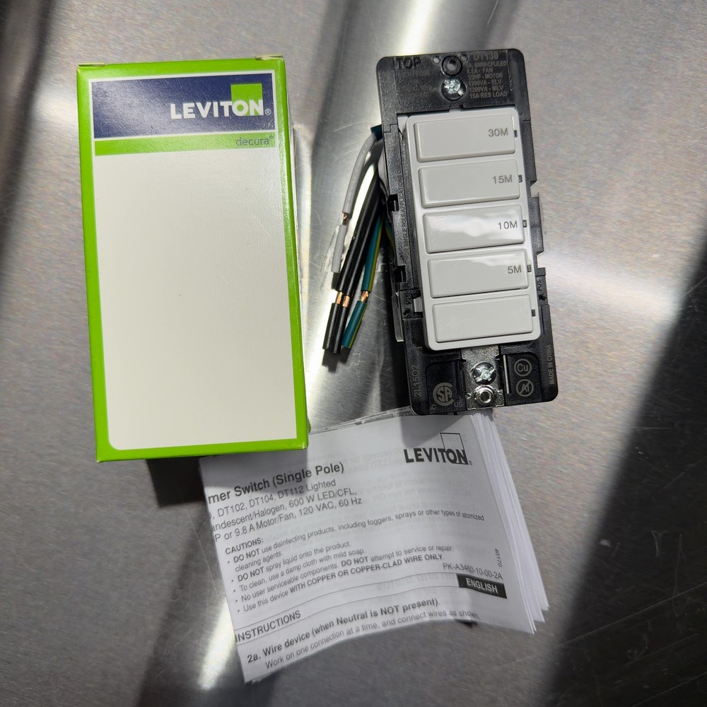 Leviton DT130 Countdown Timer Switch 15A 5-10-15-30 Min White For Fan Light