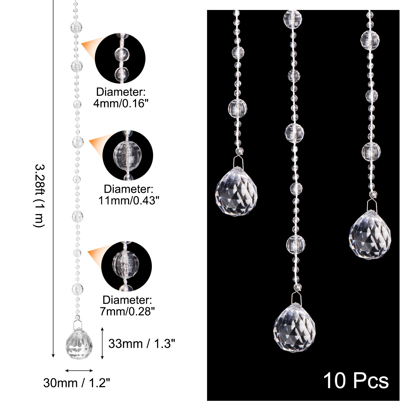 10Pcs Acrylic Crystal Garland Strands Round Bead String Hanging (1m/3.28ft) gallery