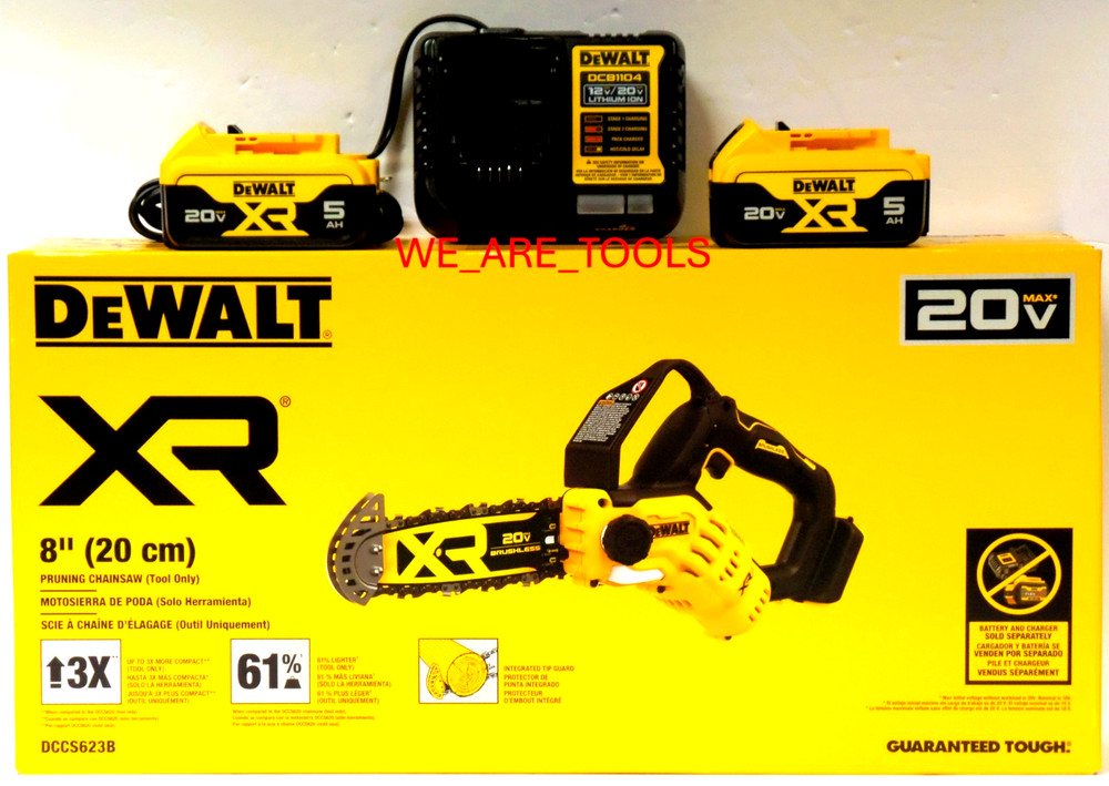 DeWalt Kit DCCS623B 8" Brushless Pruning Chainsaw, 2) 5.0 Battery, Charger