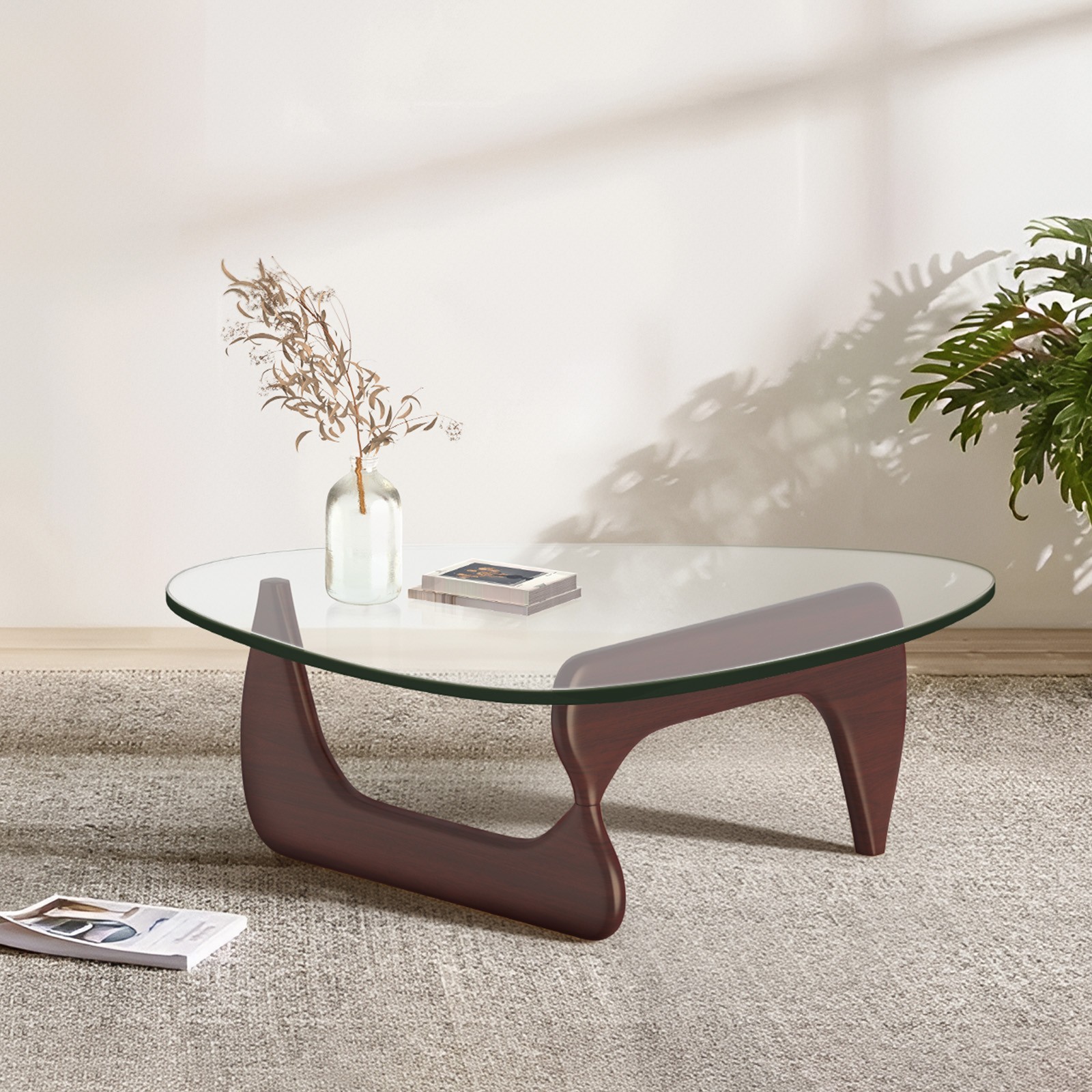 Open Box Noguchi Style Coffee Table in Walnut 8mm Triangle Glass Solid Wood Base gallery