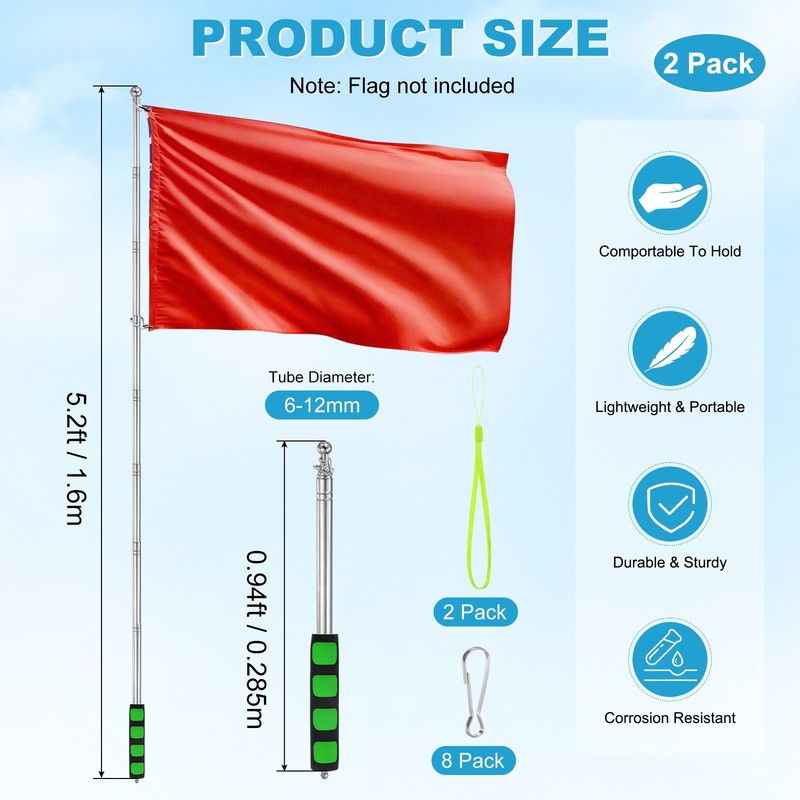 2-Pack Telescopic Handheld Flagpole, 5.2ft/1.6m Stainless Steel Pole [Green] gallery