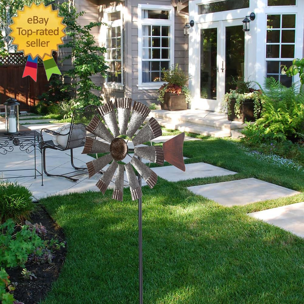 Wind Spinners Outdoor，Metal Vintage Style Single Sided Silver Windmill Kinetic W gallery