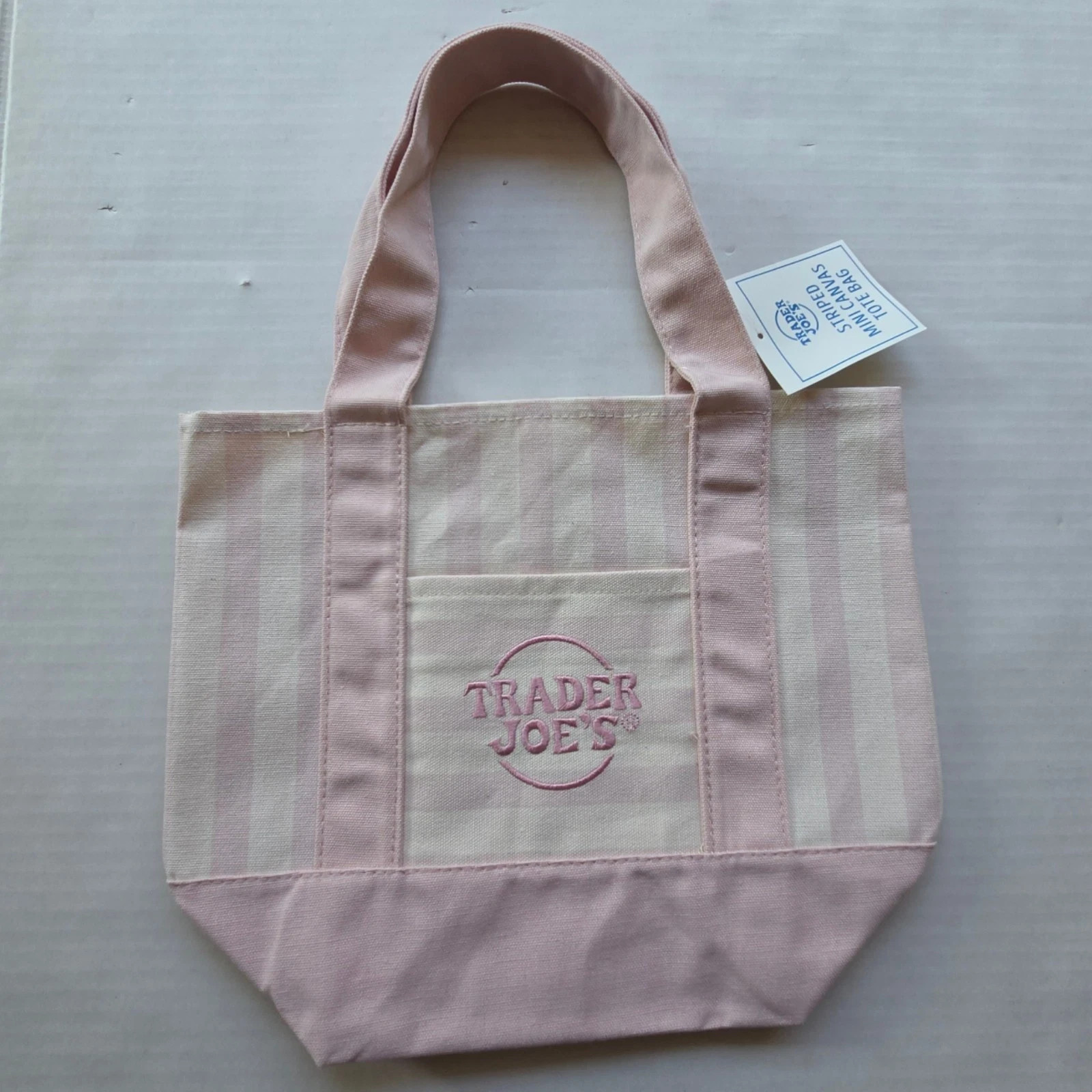Trader Joe’s MINI Canvas Reusable Bag, with Off White or Tan, LIGHT PINK STRIPES gallery