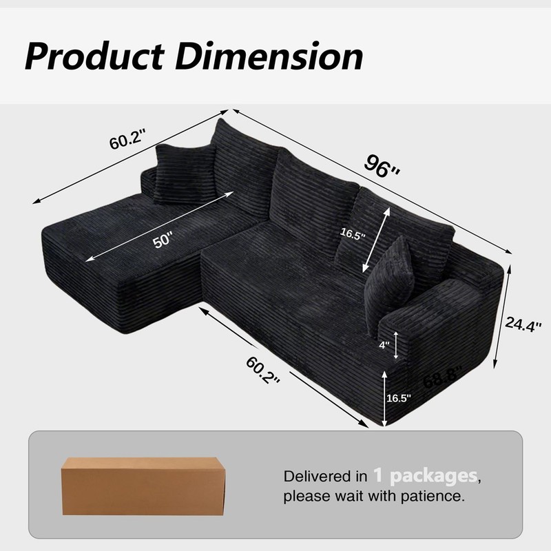 96"Frameless Boneless Soft Sofa,Cloud Sectional Couch With L-Shaped Chaise Black gallery
