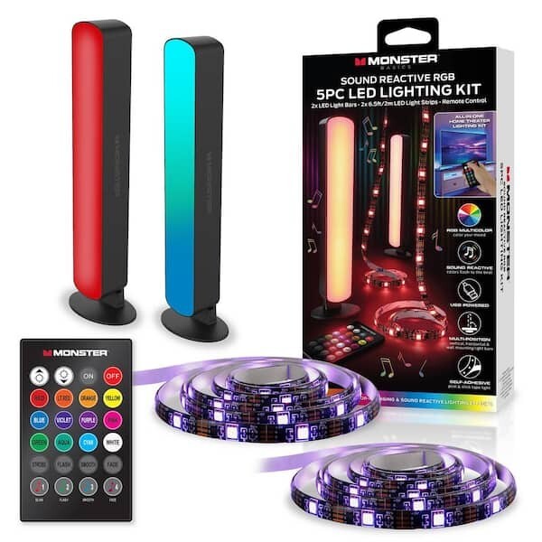 Monster LED 5 Piece Sound Reactive Multi-Color Indoor LED Light Kit, 2 Light Bar gallery