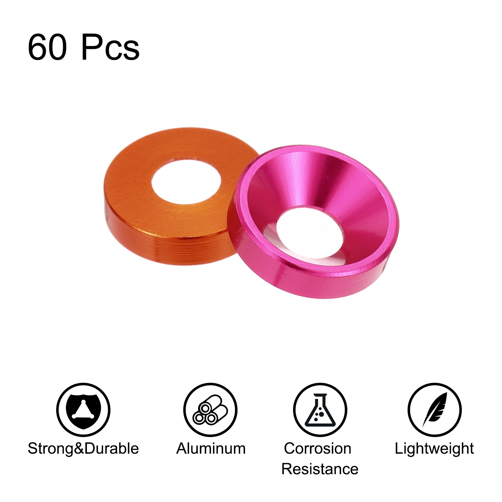 60pcs M4 Counterbore Washers, 10mm/0.39inch Aluminum Alloy, Hot Pink Orange gallery