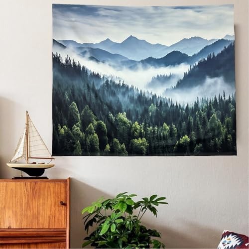 TUGCAY Misty Mountain Forest Tapestry Foggy Tree Tapestry Nature 60"L x 40"W gallery