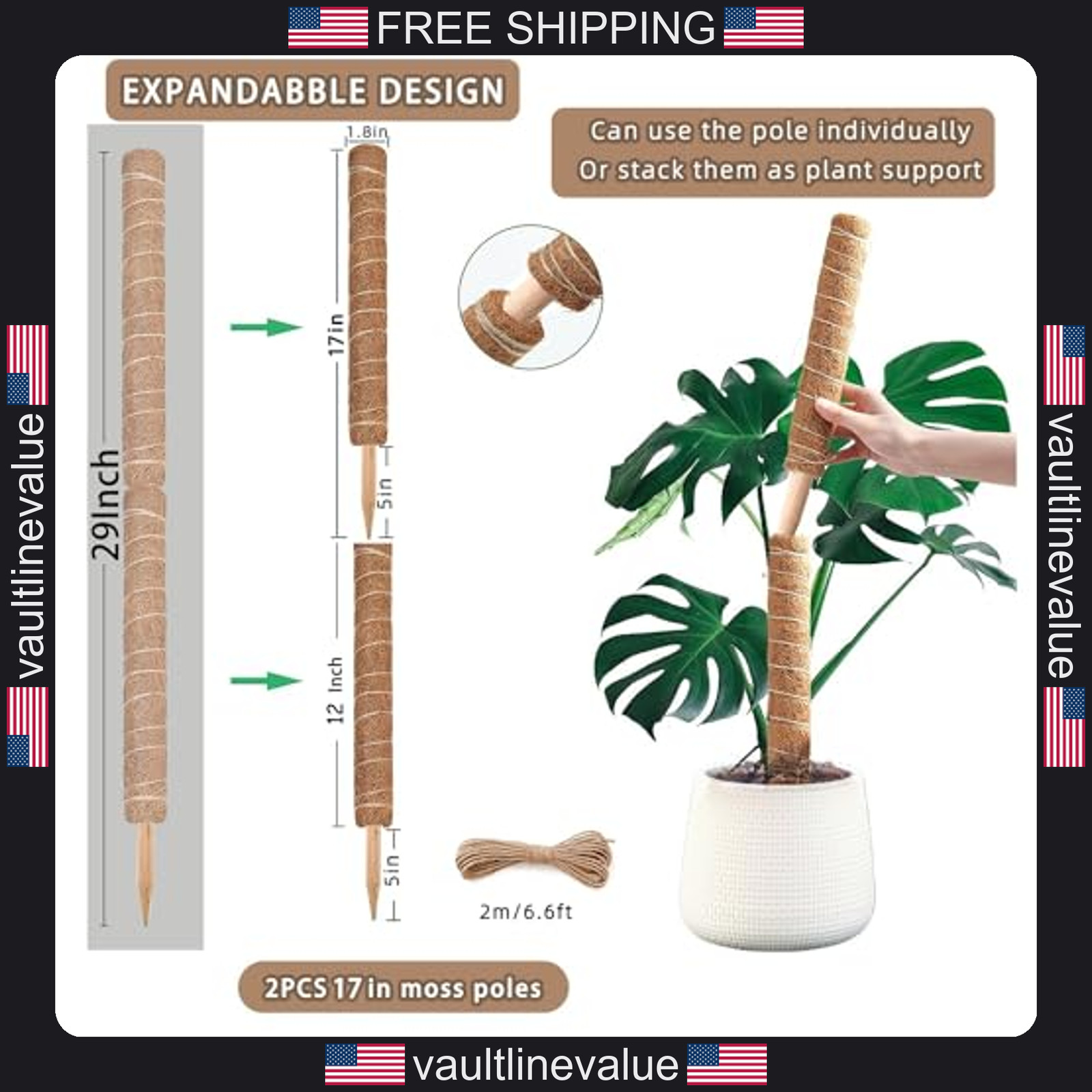 Moss Pole 2 Pack 17 Inch Plant Support Stakes for Monstera Pothos Philodendron gallery