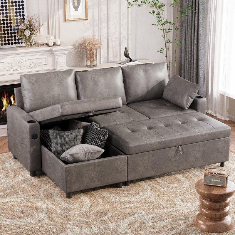 Leather Sleeper Sofa Bed Couch Pull Out w Storage Chaise USB Port Cup Holders gallery