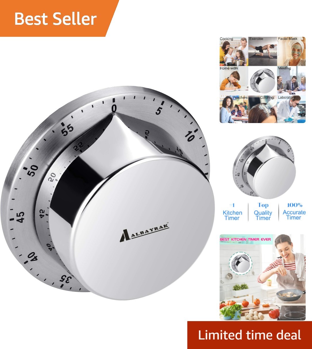 Stainless Steel Kitchen Timer with Loud 70db Alarm - No Batteries Required gallery