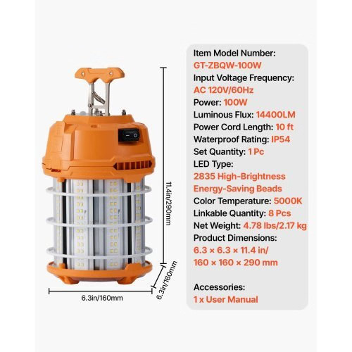 LED Temporary Work Light, 100W, 14400 lm, 5000K Durable & Water-Resistant, Linka gallery