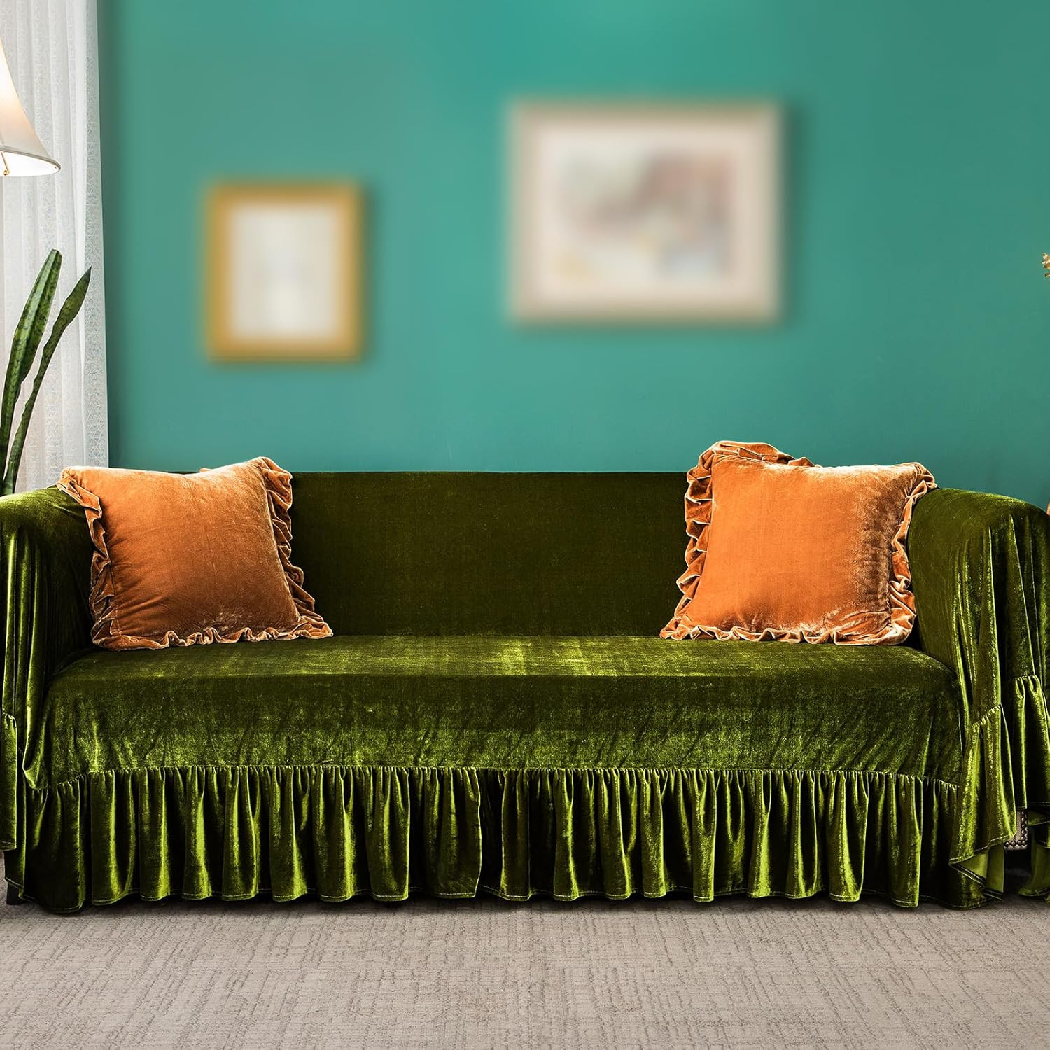 Velvet Sofa Cover Soft Decorative Luxurious Solid Exquisite Ruffle Trim,Retro... gallery