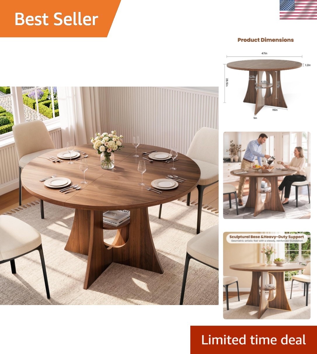 47" Round Dining Table for 4-6, Space-Saving Dining Room Table with Thick Tab... gallery