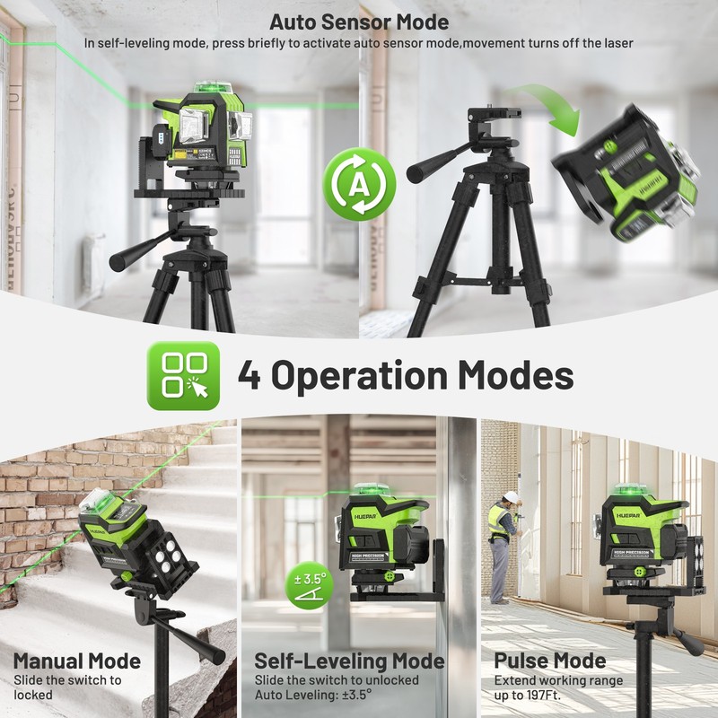 Huepar 4x360° Green Self Leveling laser tool with LCD screen + Receiver + Tripod gallery