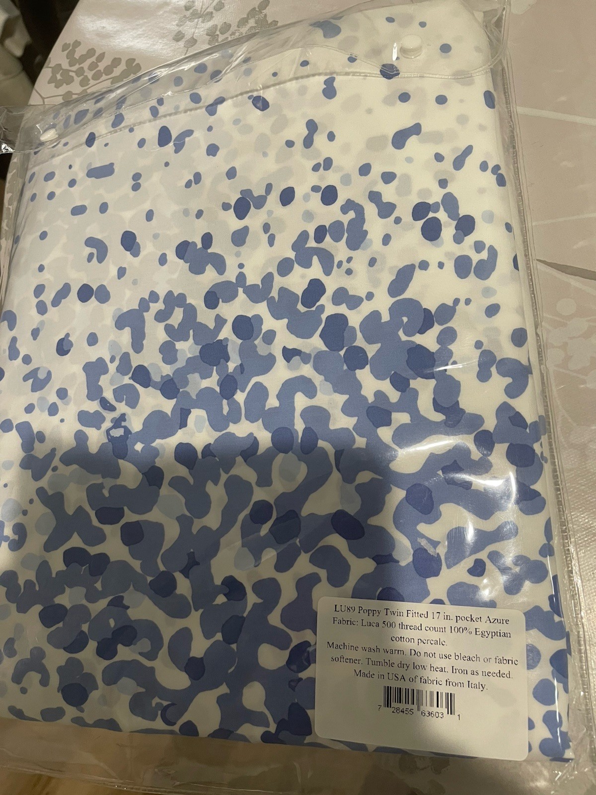 $295 Matouk Italy NWT (1pc) Twin Fitted Sheet 17” Blue Poppy 500TC Percale Azure gallery