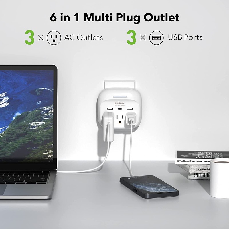 Multi Plug Outlet Extender With USB C, 3 Outlets Surge Protector 600J Wall Plug gallery