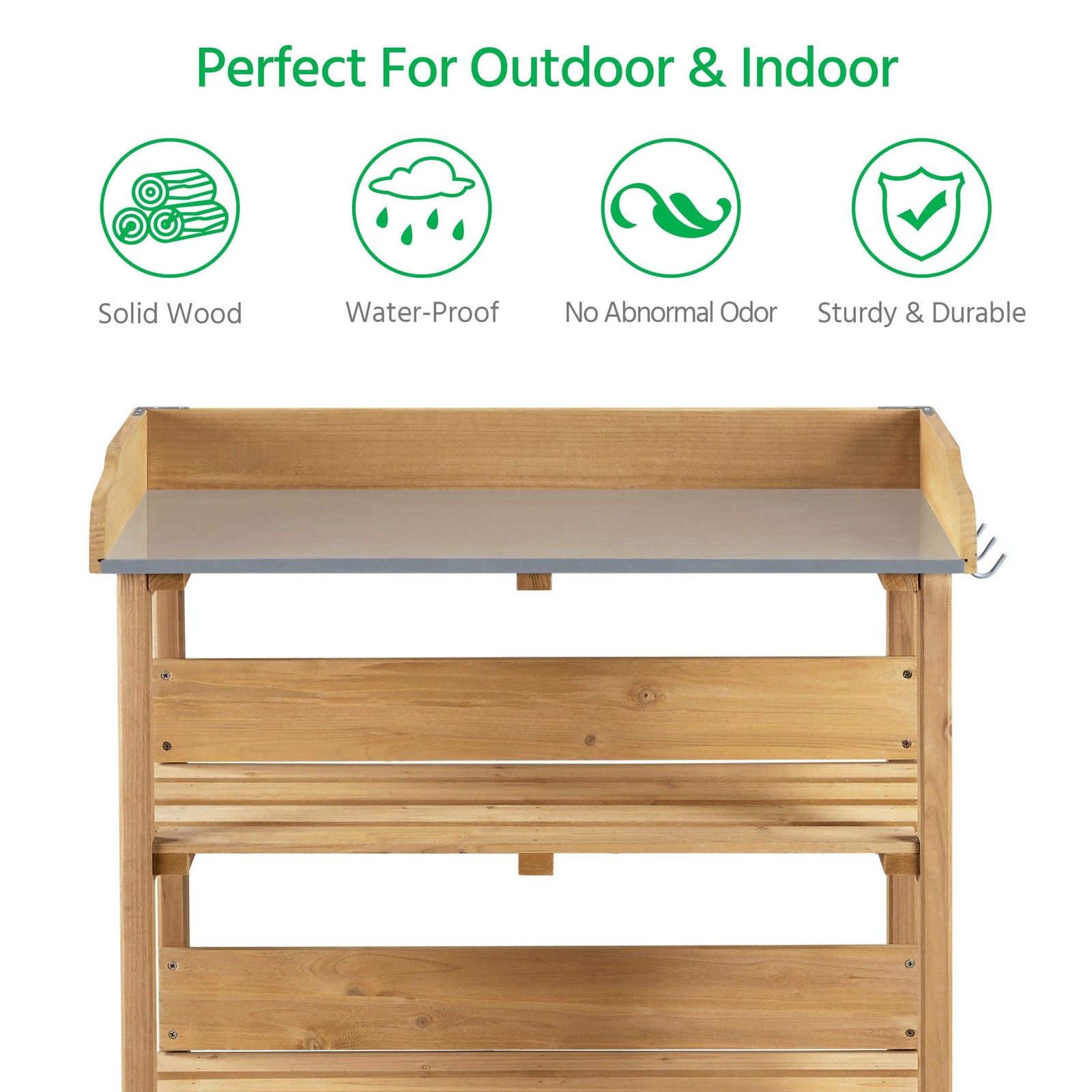 Potting Bench Table w/Metal Tabletop, Fir Wood Workstation w/3 Tier Shelves gallery