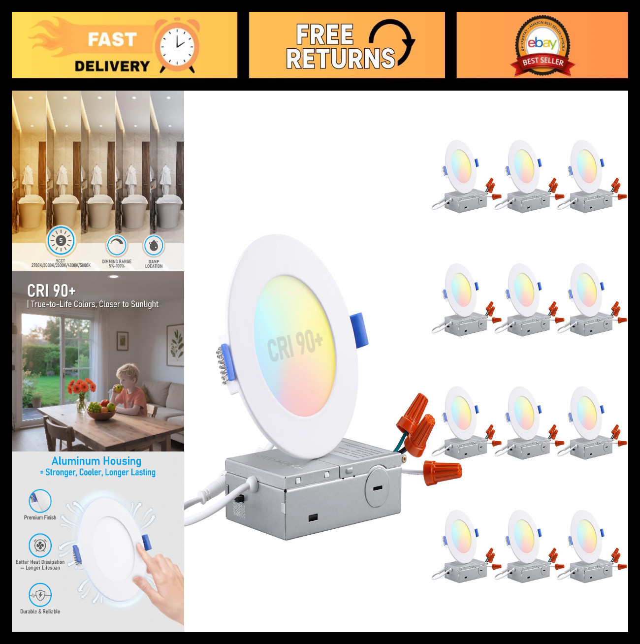 12-Pack 4" Ultra-Thin LED Recessed Lights, Dimmable 5CCT, 9W 810LM, ETL Certifie gallery