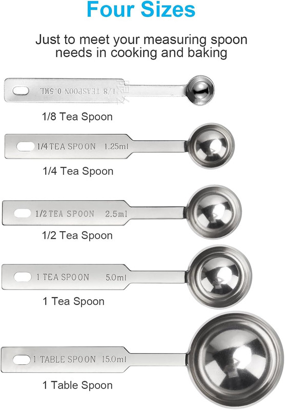 5PCS Measuring Spoons Set, Includes 1/8 Tsp, 1/4 Tsp, 1/2 Tsp, 1 Tsp, 1 Tbsp, F gallery