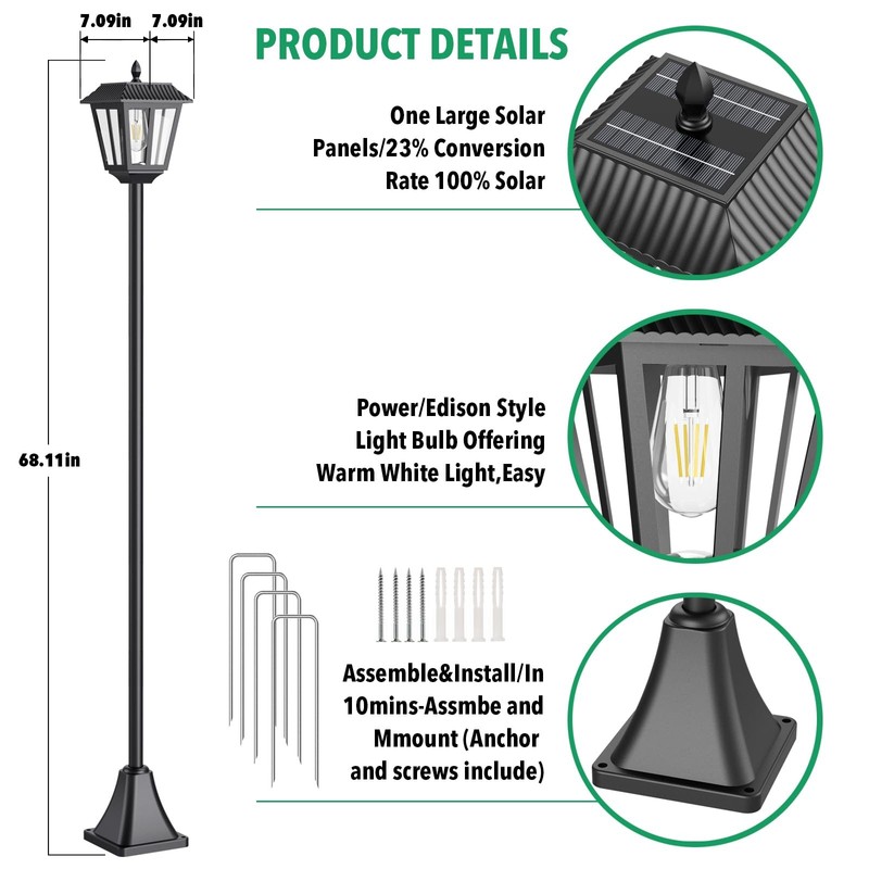 68" Solar Lamp Post Light Outdoor - 3000K Warm White, IP45 Waterproof Post So... gallery