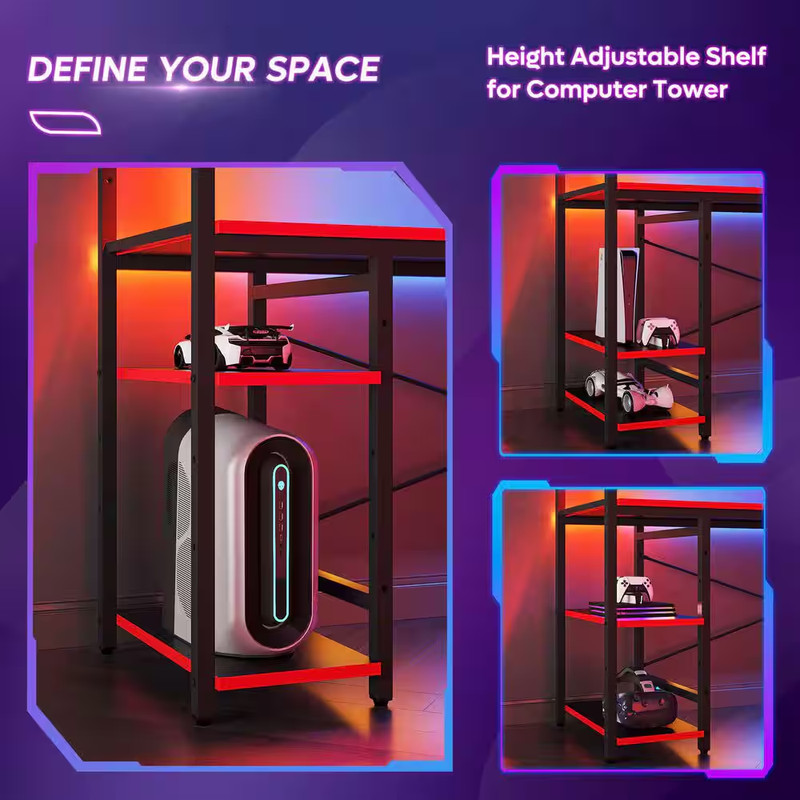 44 In. Rectangular Black and Red Carbon Fiber Gaming Desk with 4 Tier Storage Sh gallery