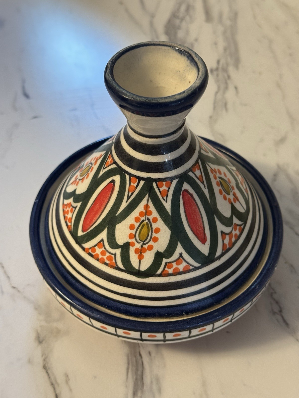Vintage Tagine 6 In. Hand Painted Moroccan Blue White Red Ceramic gallery