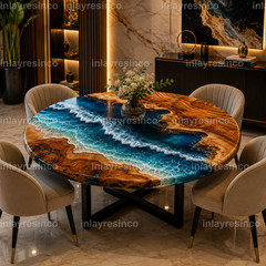 Round Ocean Epoxy Resin Dining Table | Live Edge Wood & Blue Wave Art Table Top