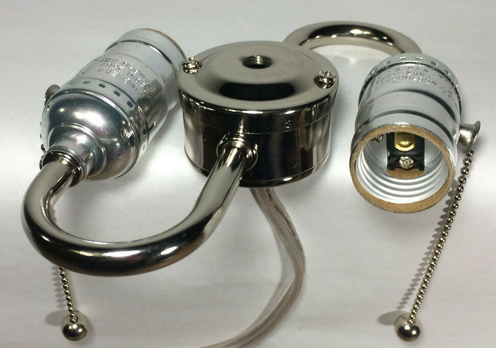New Wired S-Type 2-Light Lamp Cluster w/ Pull Chain Sockets, Nickel Finish #412N gallery