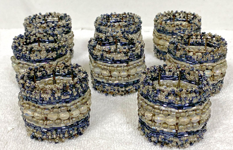8 Black Silver White Beaded Multi Strand Funky Retro Napkin Ring Holders gallery