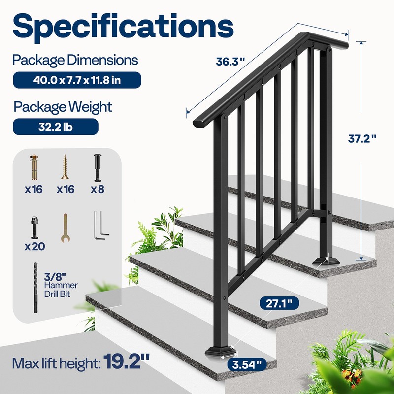 2Pack 3 Step Galvanized Steel Step Handrail Stair Railing Outdoor Deck Hand Rail gallery