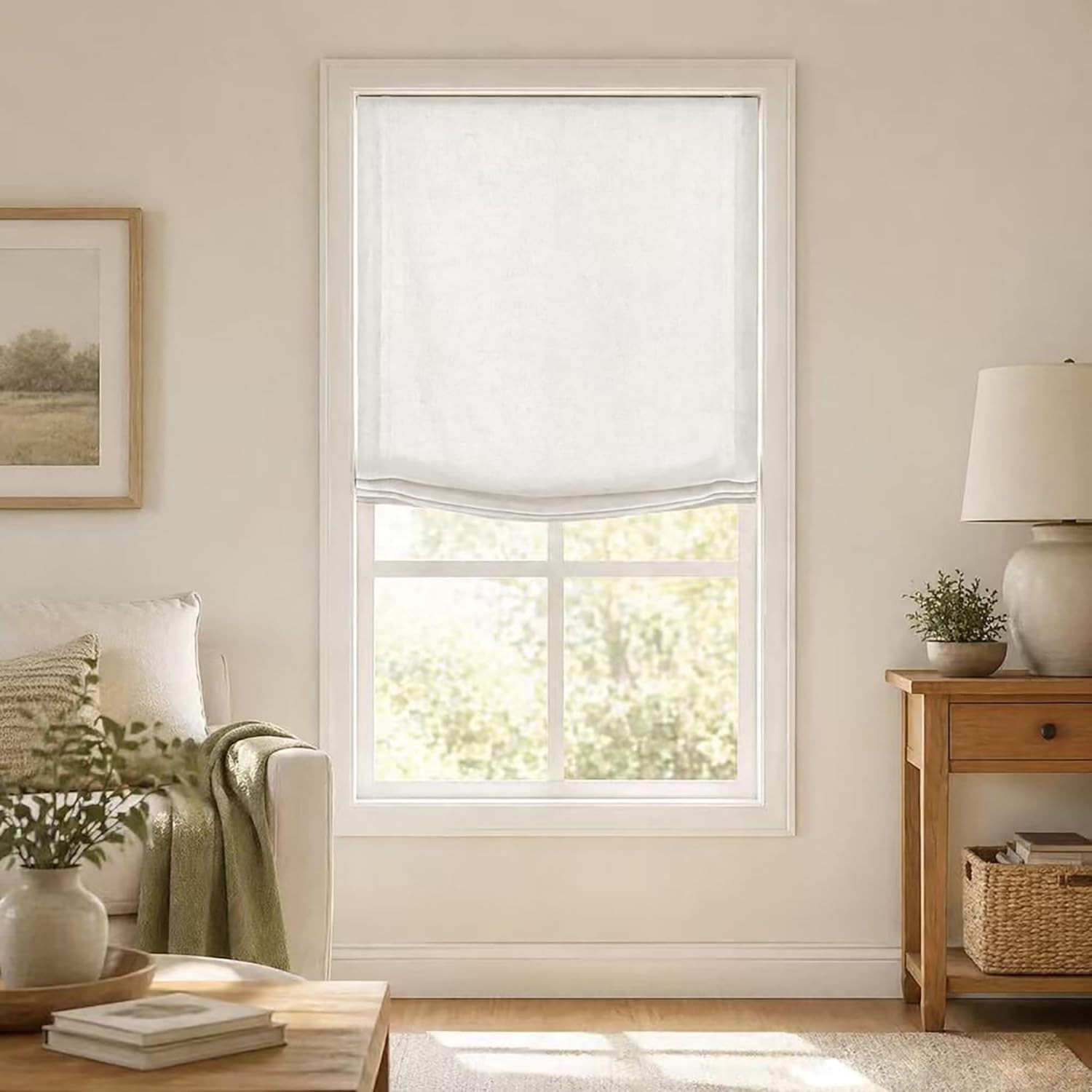 Cordless Relaxed Roman Shade Linen Blend Light Filtering Blinds with Soft Curve gallery