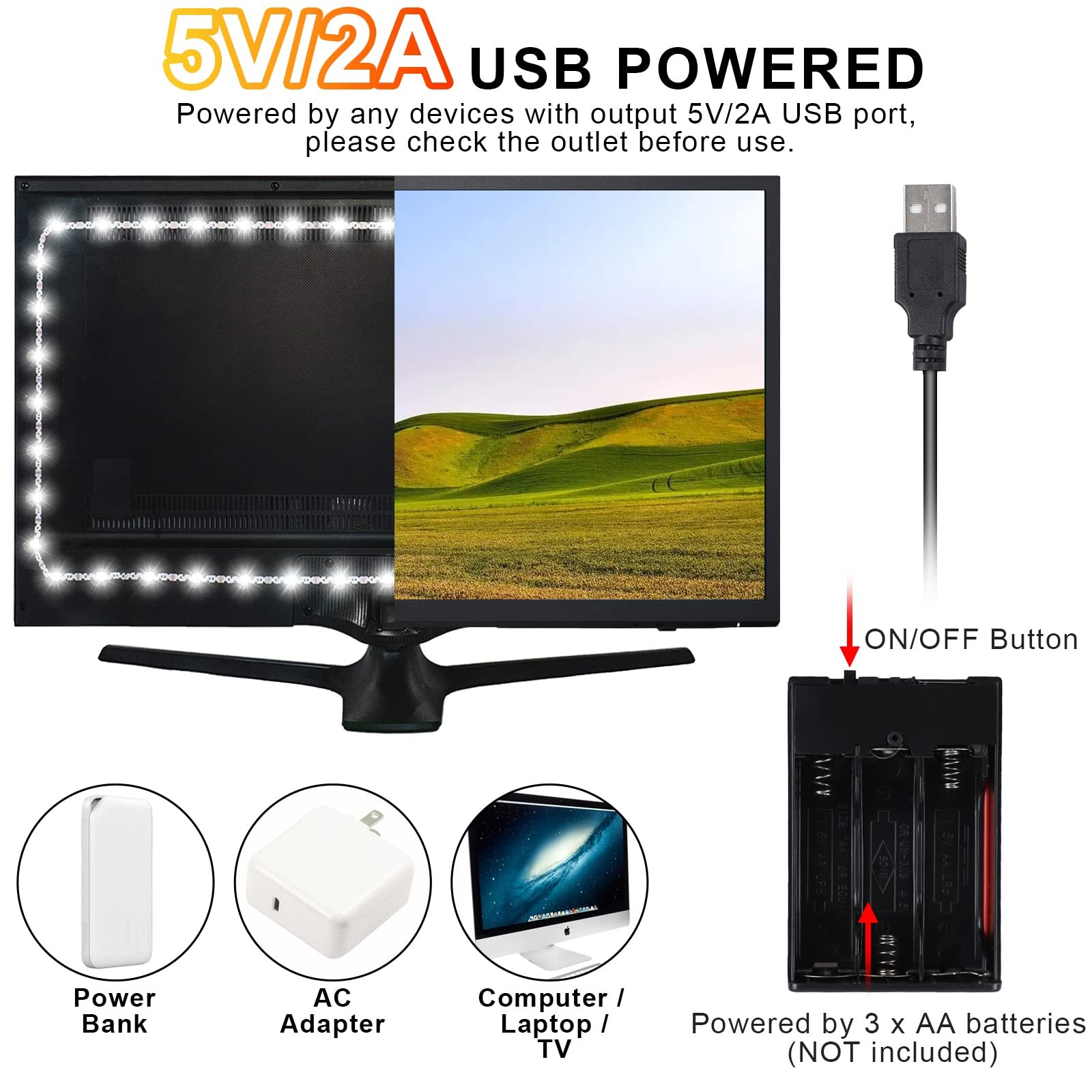 16.4FT Daylight White LED Strip Light with USB 16.4FT/ 2Pcs gallery