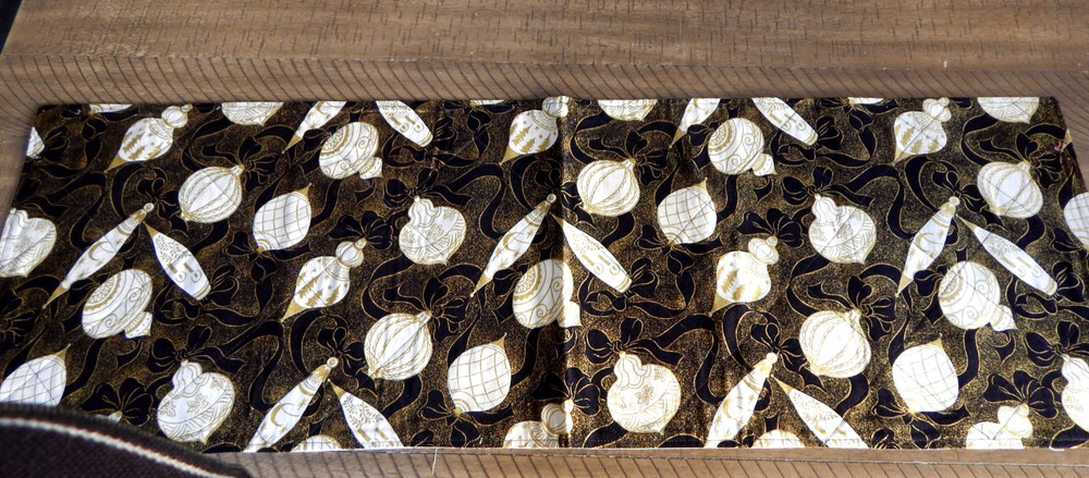 HANDCRAFTED REVERSIBLE QUILTED 42" LONG "ORNAMENTS ON BLACK" TABLERUNNER