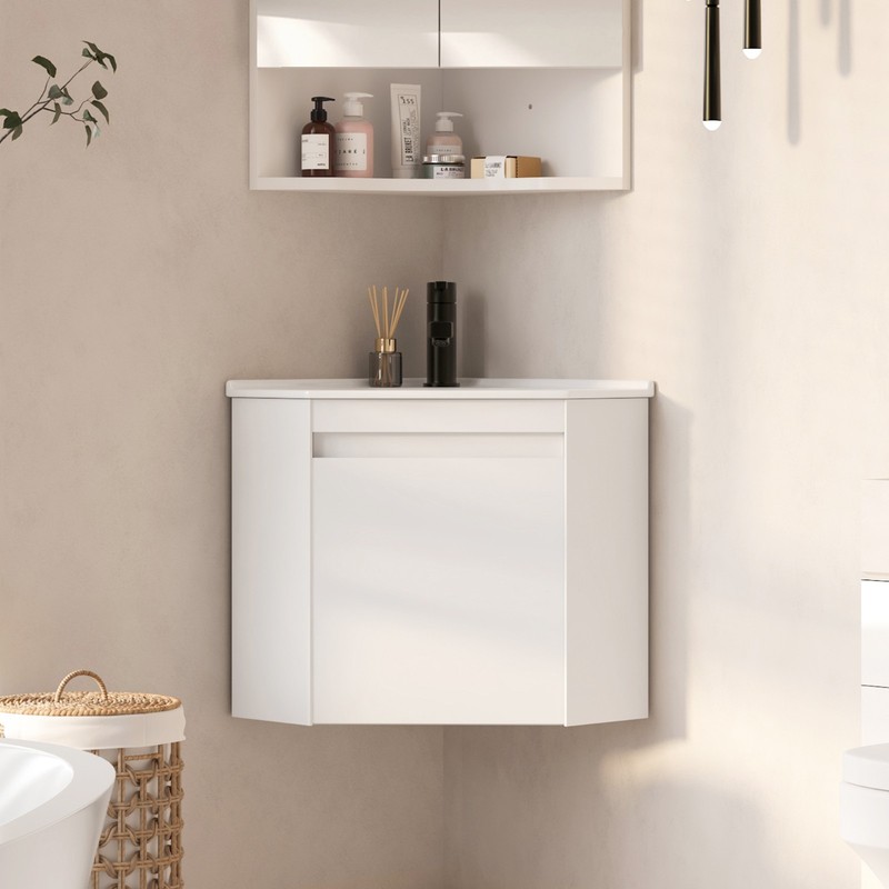 Corner Bathroom Vanity Sink Wall Mounted Combo for Small Space White Ceramic Top gallery