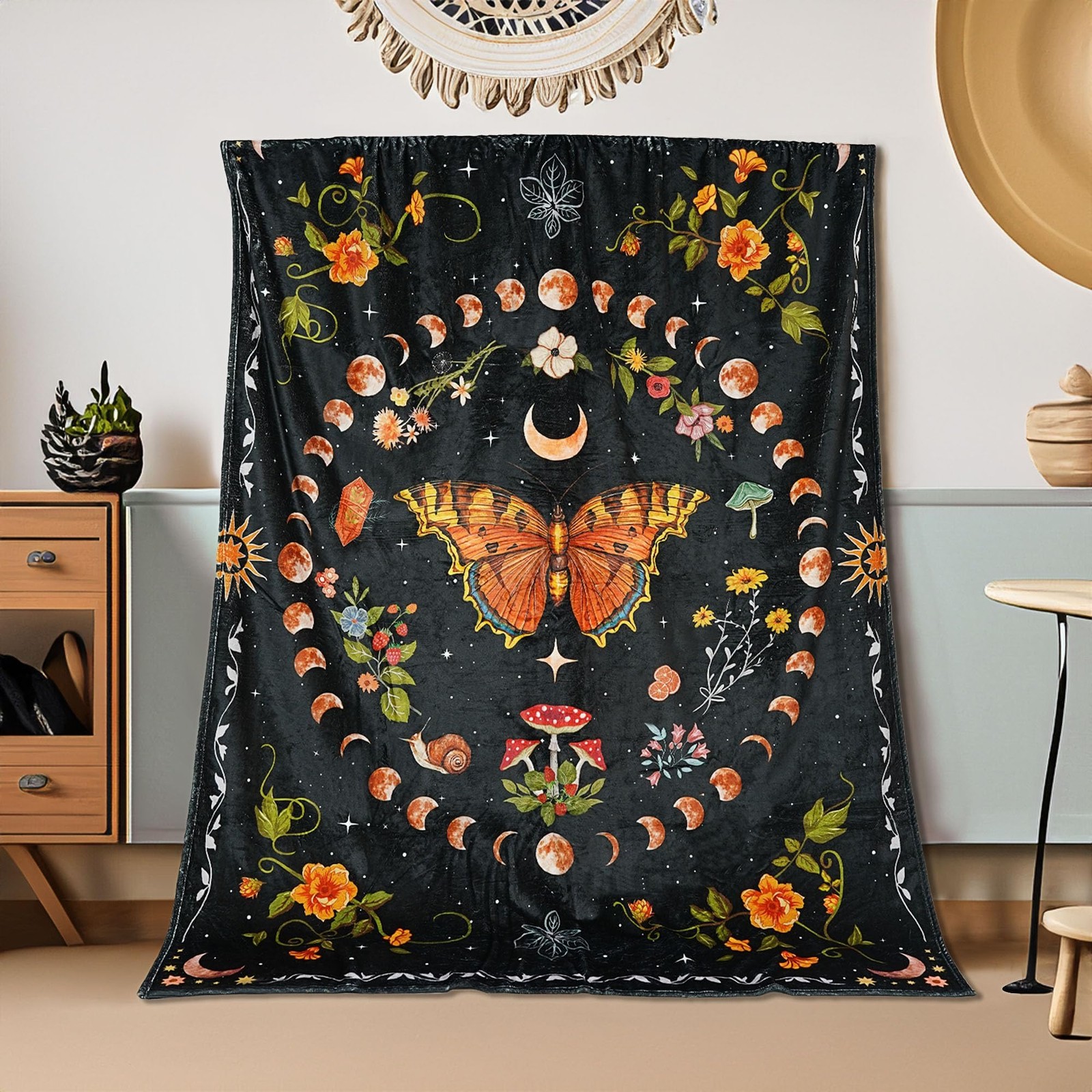 Orange Butterfly Moon Flower Fleece Throw Blanket, Botanical Floral Plant Boh... gallery
