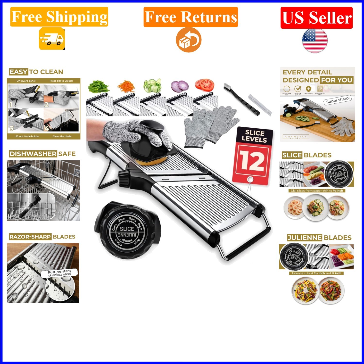 Gramercy Adjustable Mandoline Food Slicer, Stainless Steel, Black Pro gallery