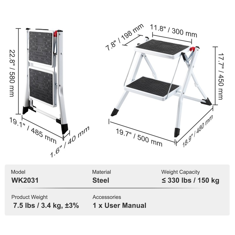 VEVOR Step Stool Ladder 2-Step Foldable 3 Adjustable Height Max Load 330lbs gallery