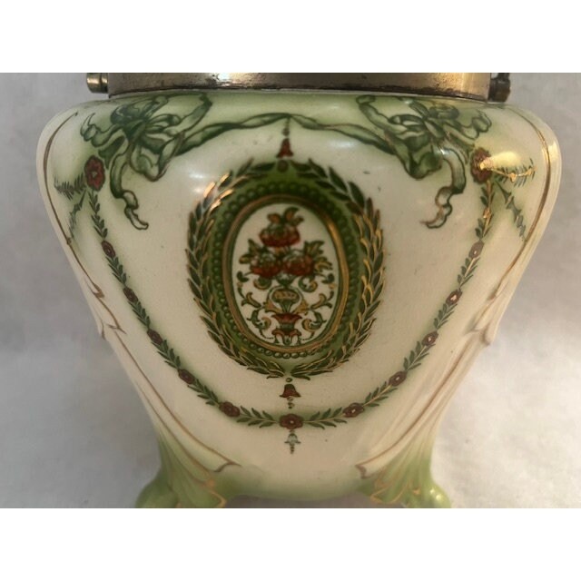 ANTIQUE Handle Crown Devon Green Biscuit Barrel SF&C Stoke On Trent FESTOON JAR gallery