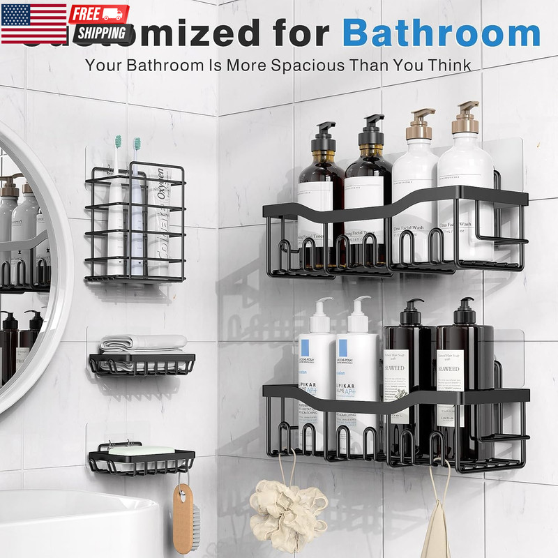 Adhesive Shower Caddy, 5 Pack Rustproof Stainless Steel Bath Organizers with Lar gallery