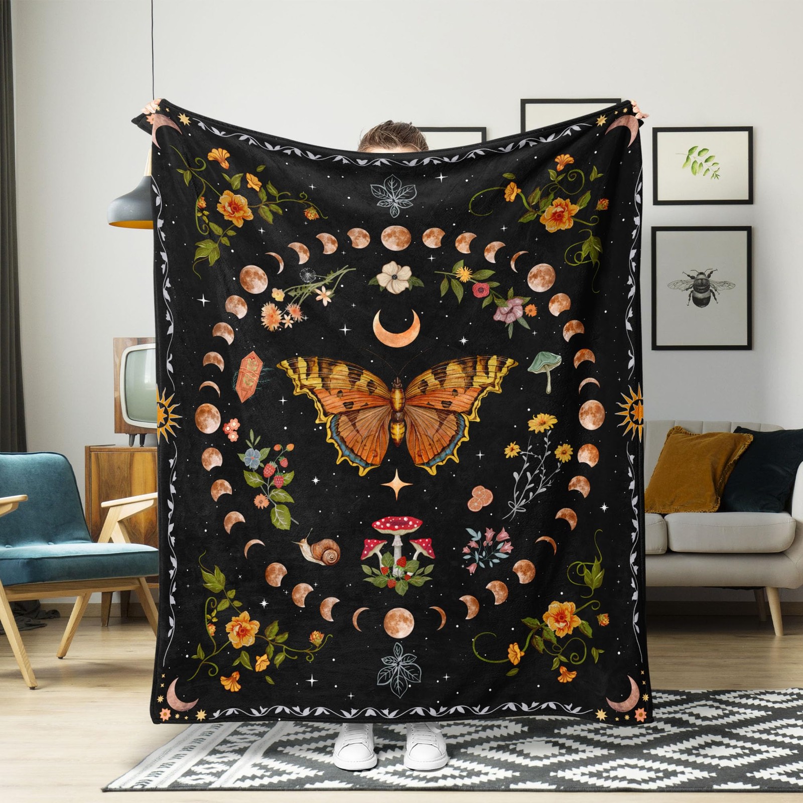 Orange Butterfly Moon Flower Fleece Throw Blanket, Botanical Floral Plant Boh... gallery