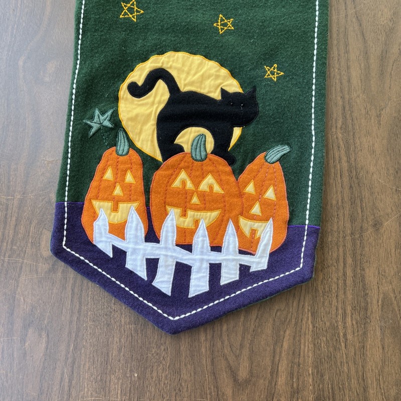 Kohls Halloween Wool Blend Table Runner Jack O Lantern Stars Black Cat 48 x 12 gallery