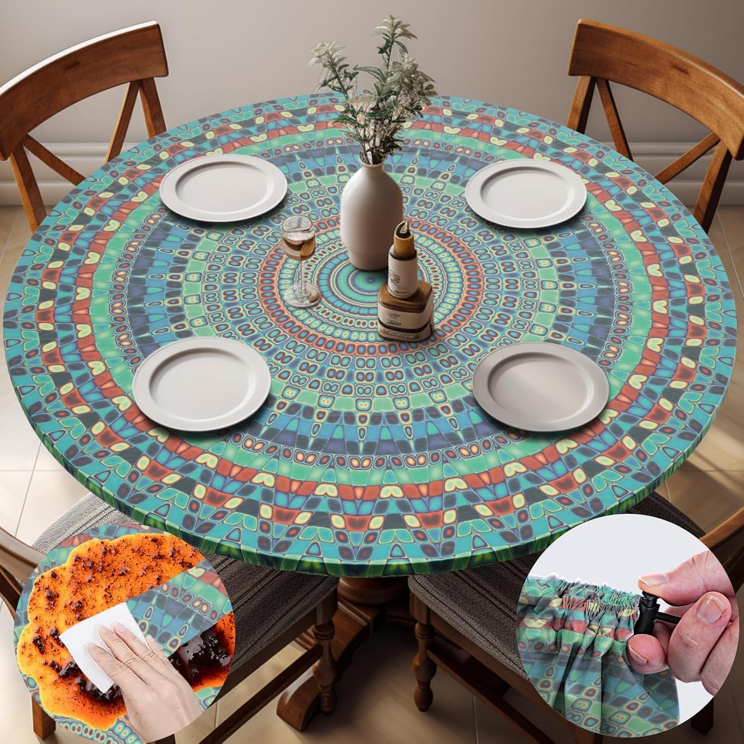 Waterproof Boho Vinyl Round Tablecloth Fitted Table Cloth Summer Fall Outdoor Ci gallery