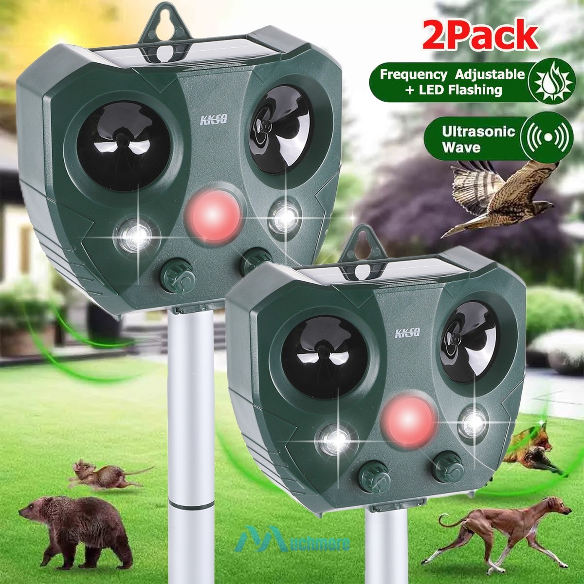 2x Ultrasonic Solar Animal Repeller 5 Modes w/ Motion Sensor Flashing Light Yard gallery